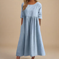 Women's Paisley Linen Midi Dress | Gathered Waist Casual Fit Back