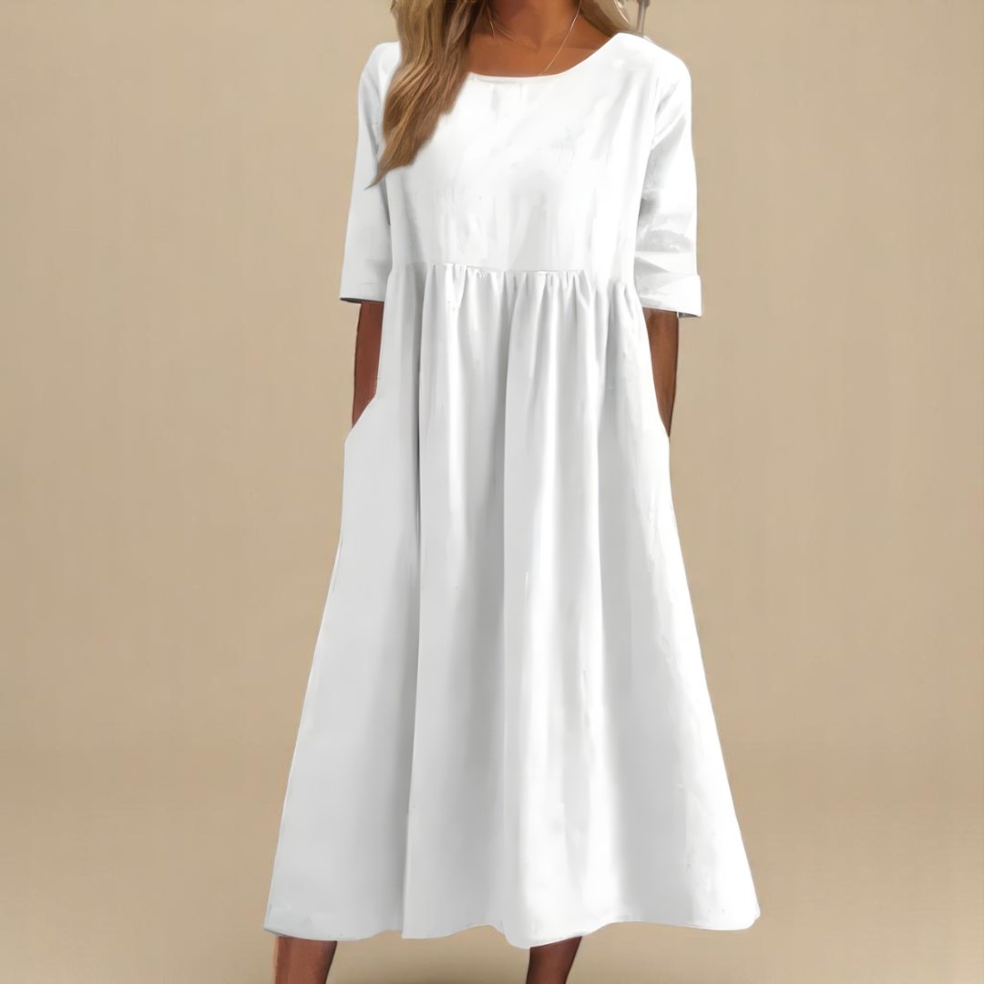 Women's Paisley Linen Midi Dress | Gathered Waist Casual Fit Close Up