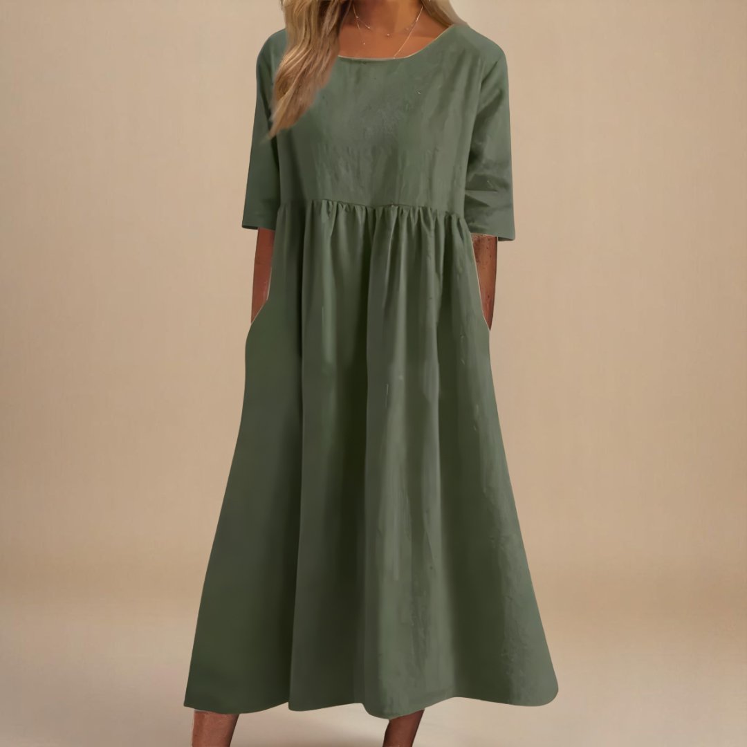 Women's Paisley Linen Midi Dress | Gathered Waist Casual Fit Hero