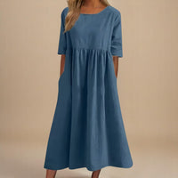 Women's Paisley Linen Midi Dress | Gathered Waist Casual Fit Side