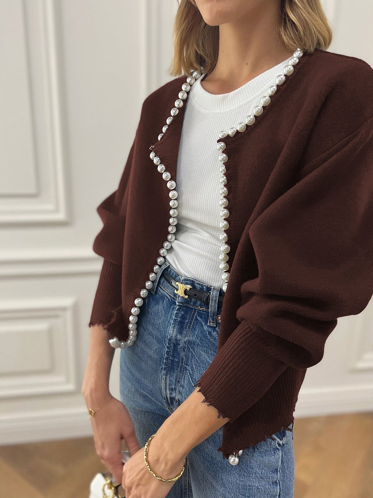 Women's Pearl Trim Cardigan Sweater | Ripped Hem Knit View 19