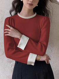 Women's Pearl Trim Contrast Sweater | Slim Fit Knit View 12