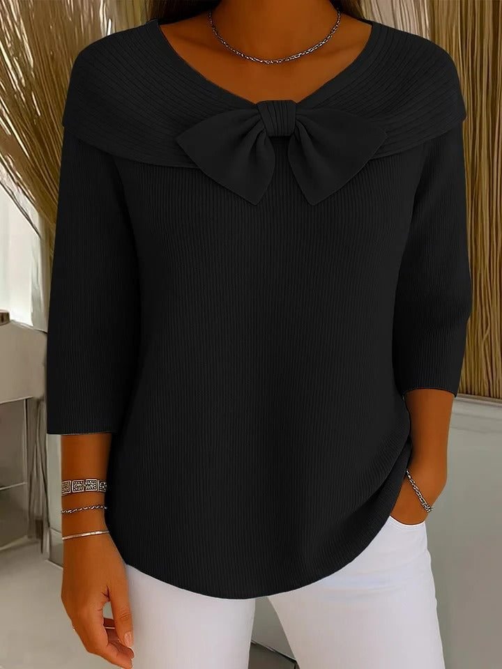 Women's Ribbed Bow Collar Sweater | Three-Quarter Sleeve Knit Close Up