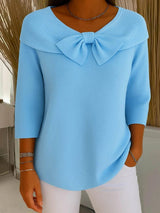 Pull à col noué côtelé pour femme | en maille à manches trois-quarts