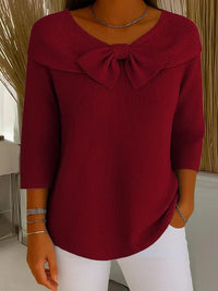 Women's Ribbed Bow Collar Sweater | Three-Quarter Sleeve Knit Side