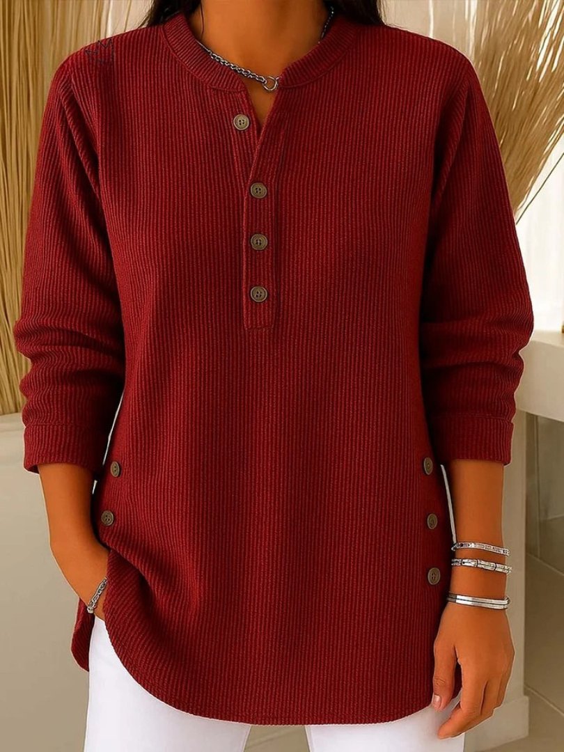 Women's Ribbed Henley Top | Long Sleeve Relaxed Fit Front