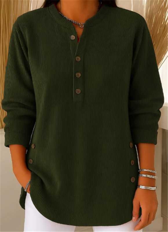 Women's Ribbed Henley Top | Long Sleeve Relaxed Fit Full