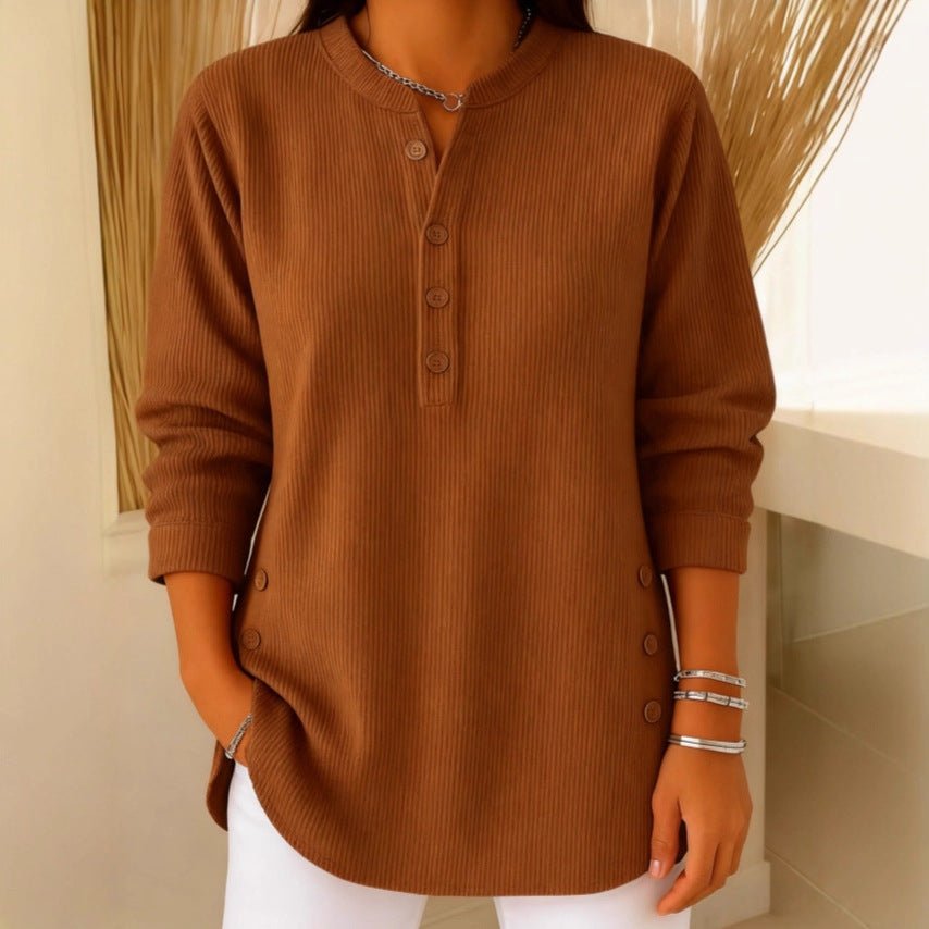 Women's Ribbed Henley Top | Long Sleeve Relaxed Fit Lifestyle