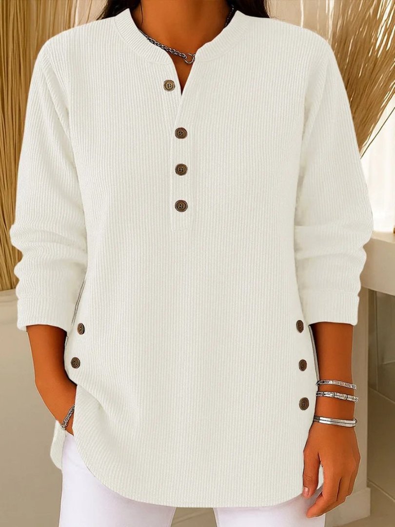 Women's Ribbed Henley Top | Long Sleeve Relaxed Fit Side