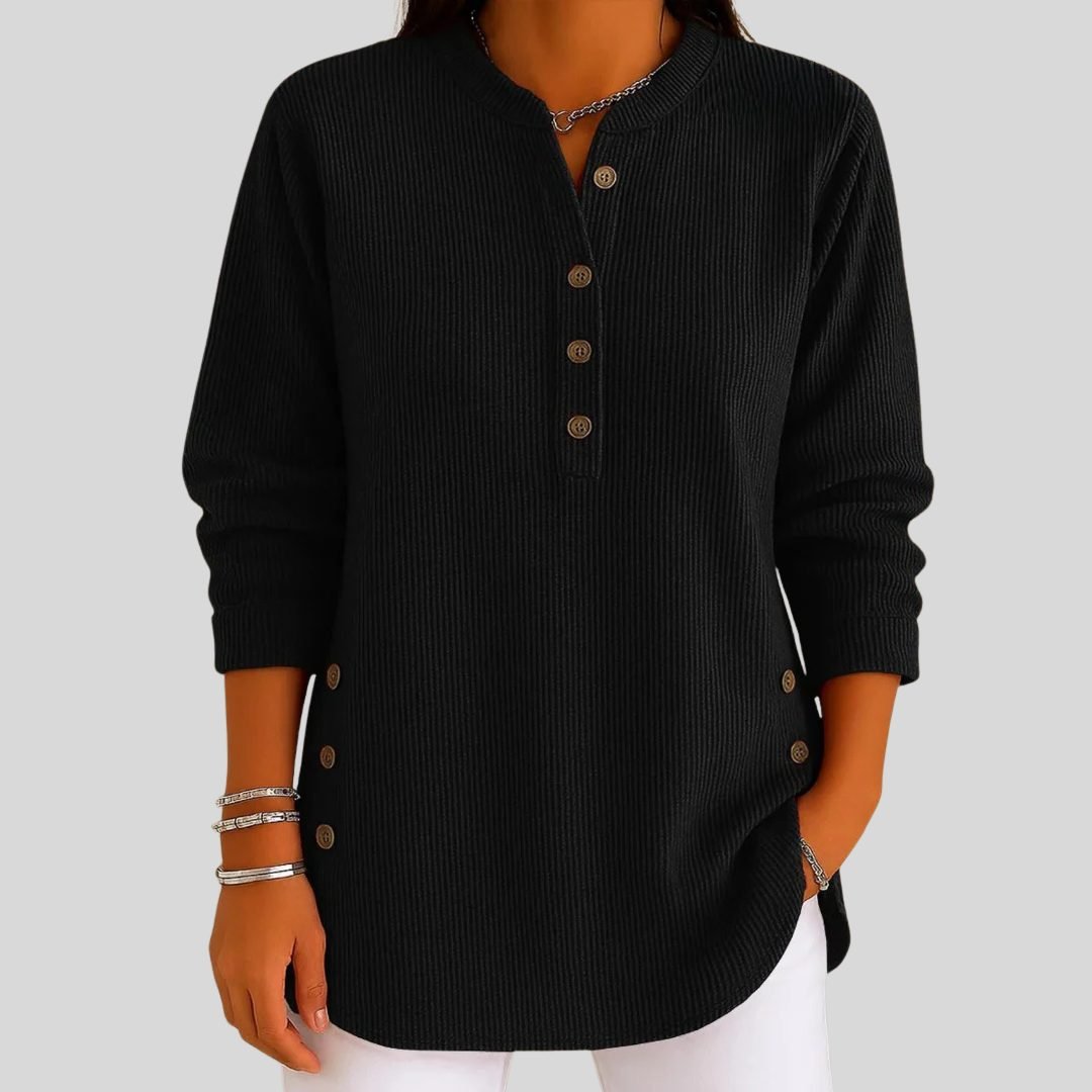 Women's Ribbed Knit Pullover | Button Front Crew Neck Sweater Close Up