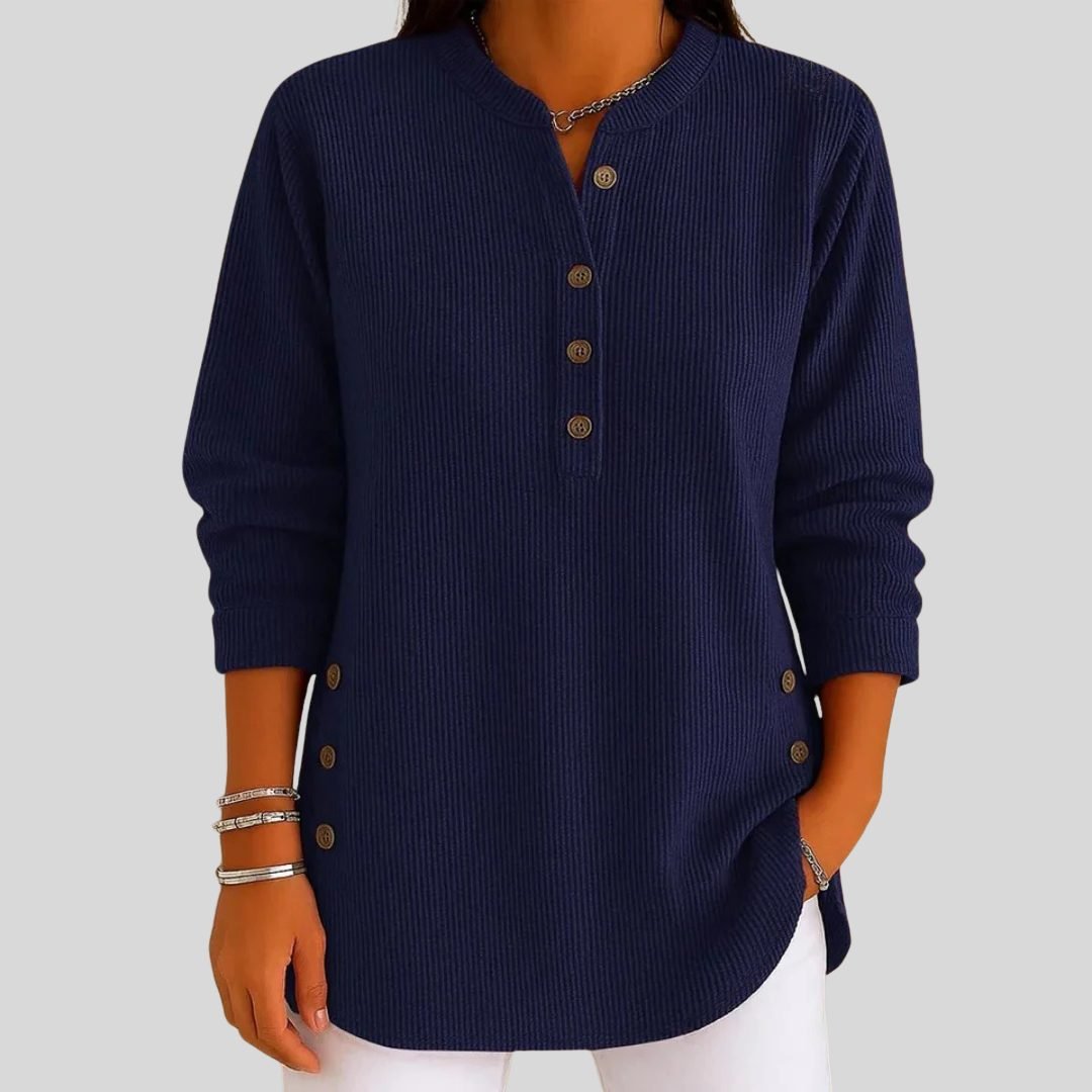 Women's Ribbed Knit Pullover | Button Front Crew Neck Sweater Detail