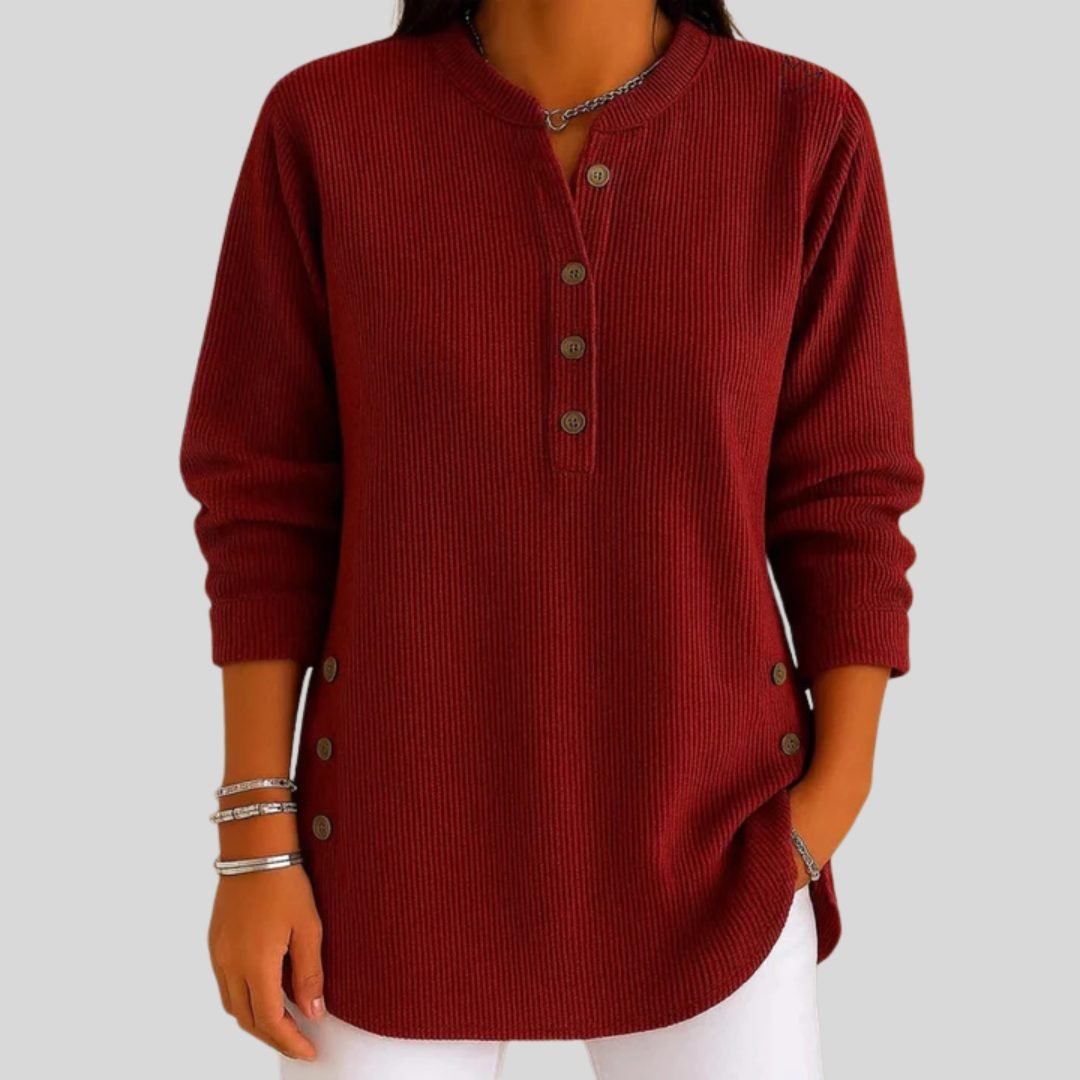 Women's Ribbed Knit Pullover | Button Front Crew Neck Sweater Front