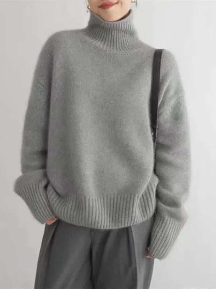 Women's Roll Neck Sweater | Cozy Ribbed Knit Side
