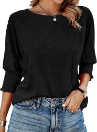 Women's Ruffle Cuff Crewneck Blouse | Pleated Sleeve Everyday Fit Back