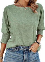 Blusa de cuello redondo para mujer con puños de volantes y mangas plisadas - corte cómodo para diario