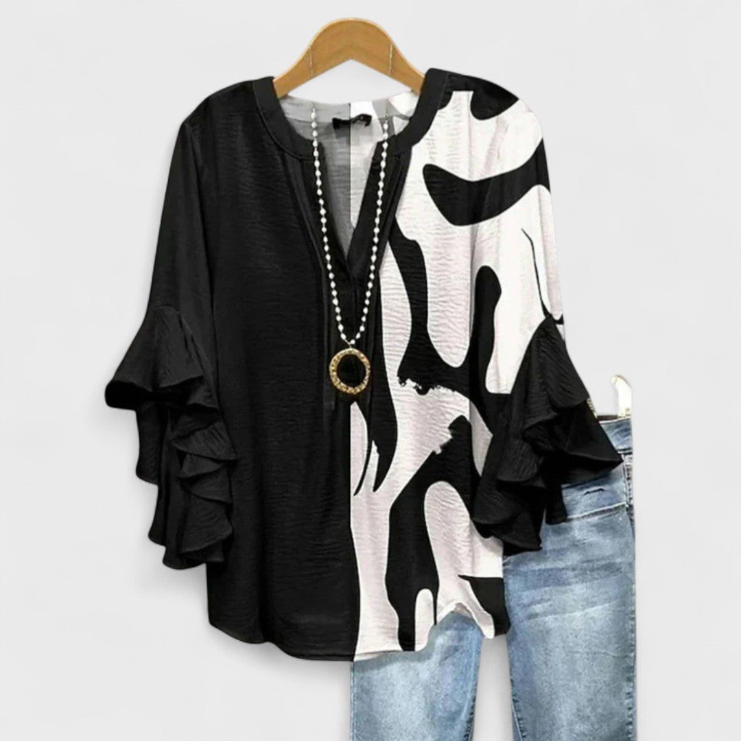 Women's Ruffle Sleeve Blouse | V-Neck Tunic Fit Back