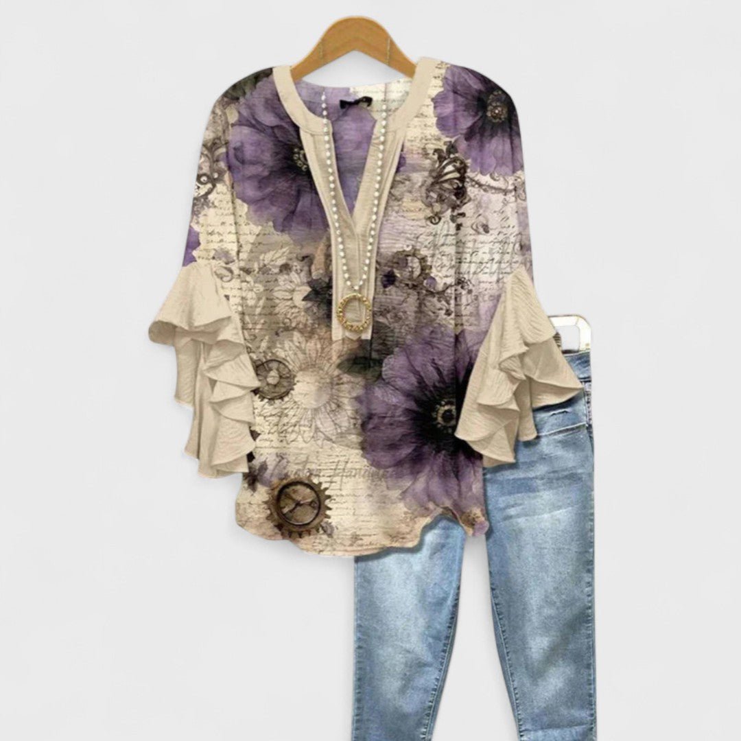 Women's Ruffle Sleeve Blouse | V-Neck Tunic Fit Close Up