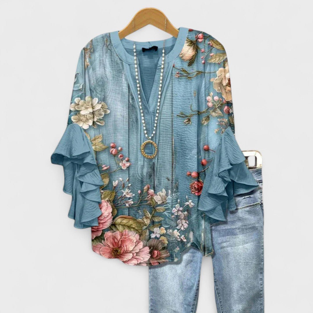 Women's Ruffle Sleeve Blouse | V-Neck Tunic Fit Lifestyle