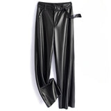 Pantalones de cuero de piel de oveja para mujer | Cinturón con aro metálico y pierna recta