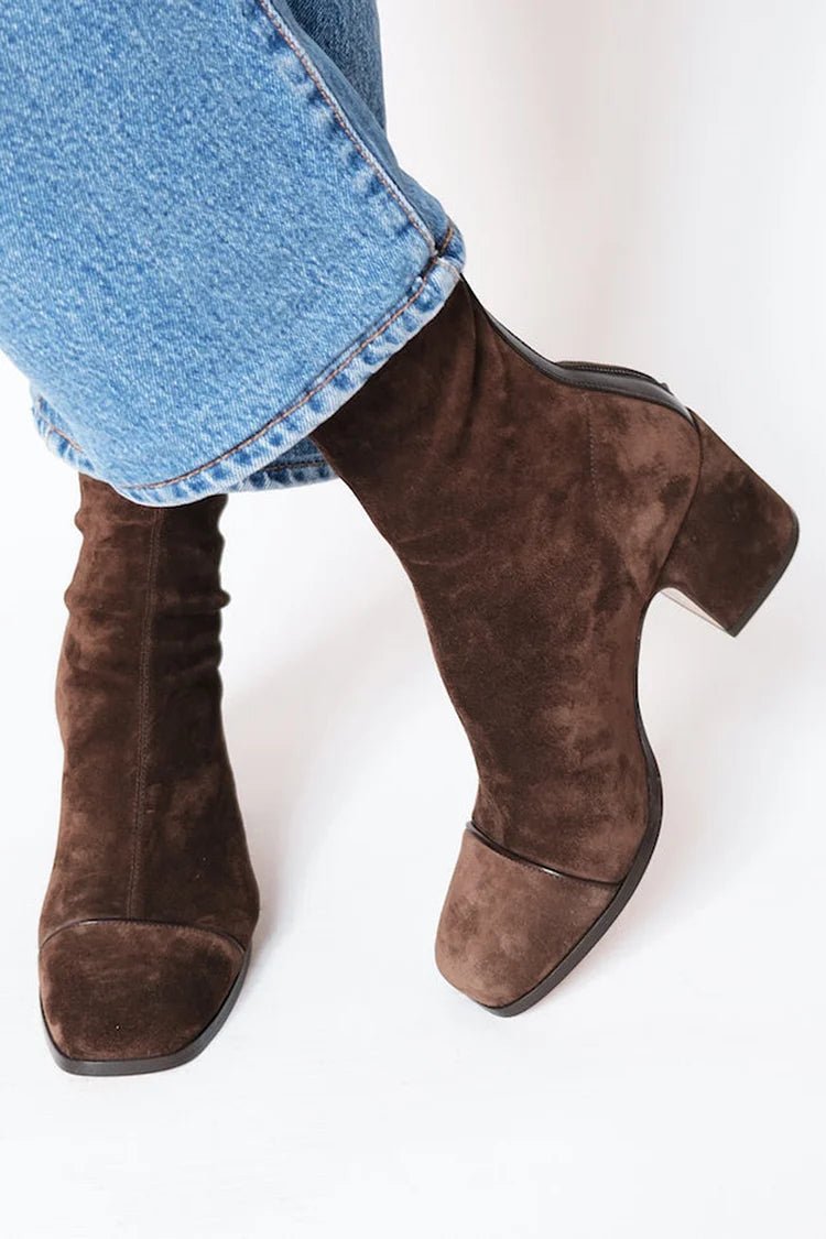 Women's Square Toe Block Heel Boots | Suede Ankle Close Up