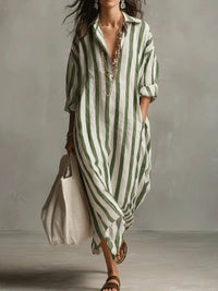 Women's Striped Linen Long Shirt Dress | Loose Fit Back