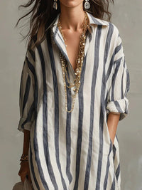 Women's Striped Linen Long Shirt Dress | Loose Fit Detail