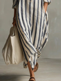 Women's Striped Linen Long Shirt Dress | Loose Fit Side