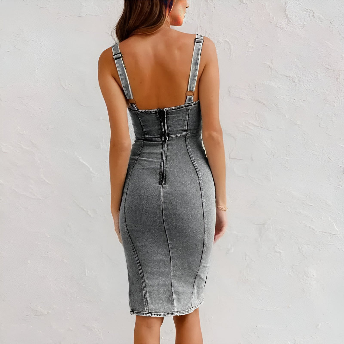 Women's Structured Denim Sleeveless Midi Dress Side