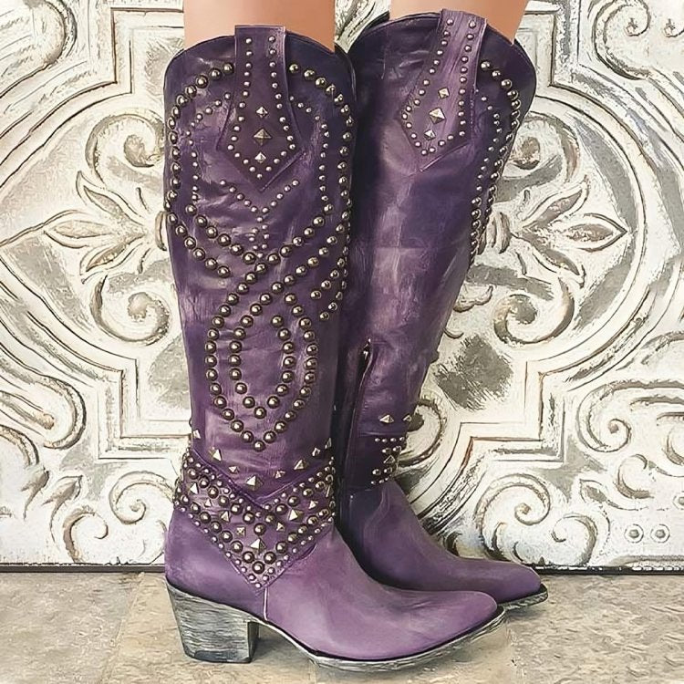 Women's Studded Knee-High Western Boots | Geometric Stacked Heel Hero