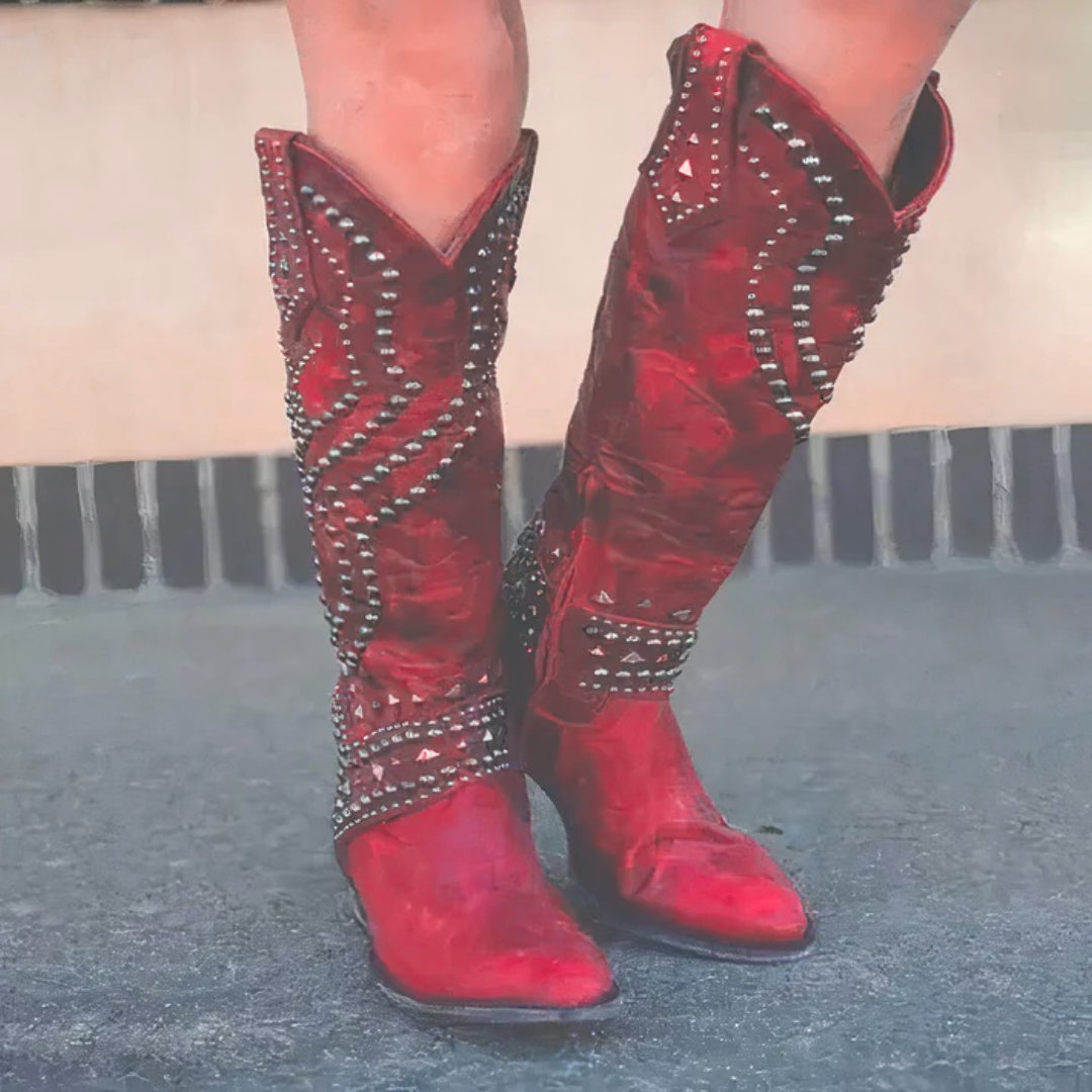 Women's Studded Knee-High Western Boots | Geometric Stacked Heel Side