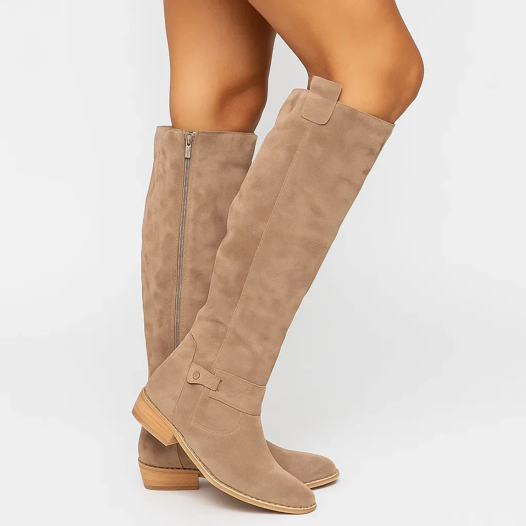 Women's Suede Knee High Boots | Block Heel Side Zip Hero