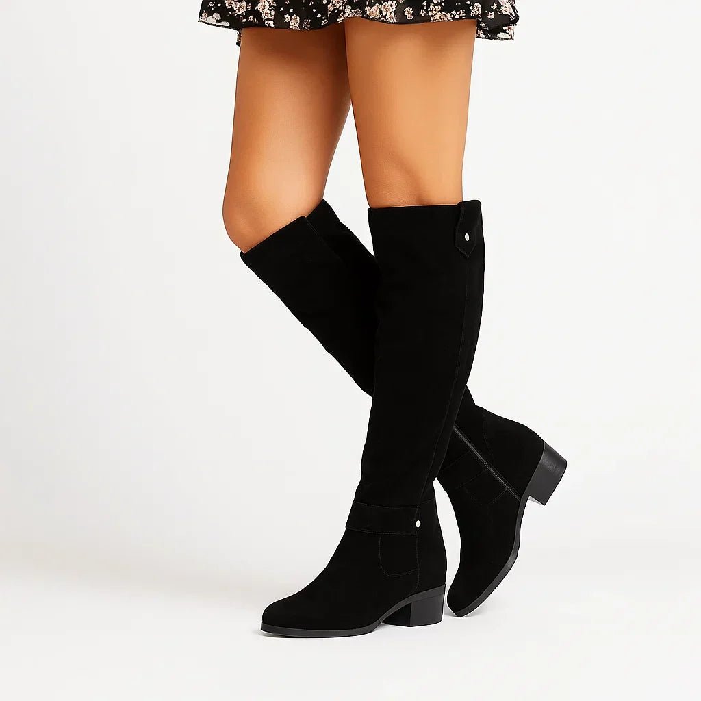 Women's Suede Knee High Boots | Block Heel Side Zip Side