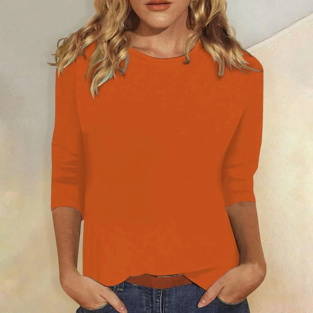 Women's Three Quarter Sleeve Crew Neck Top | Everyday Relaxed Fit Angle