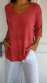 Women's Timeless V-Neck Top | Batwing Sleeve Curved Hem
