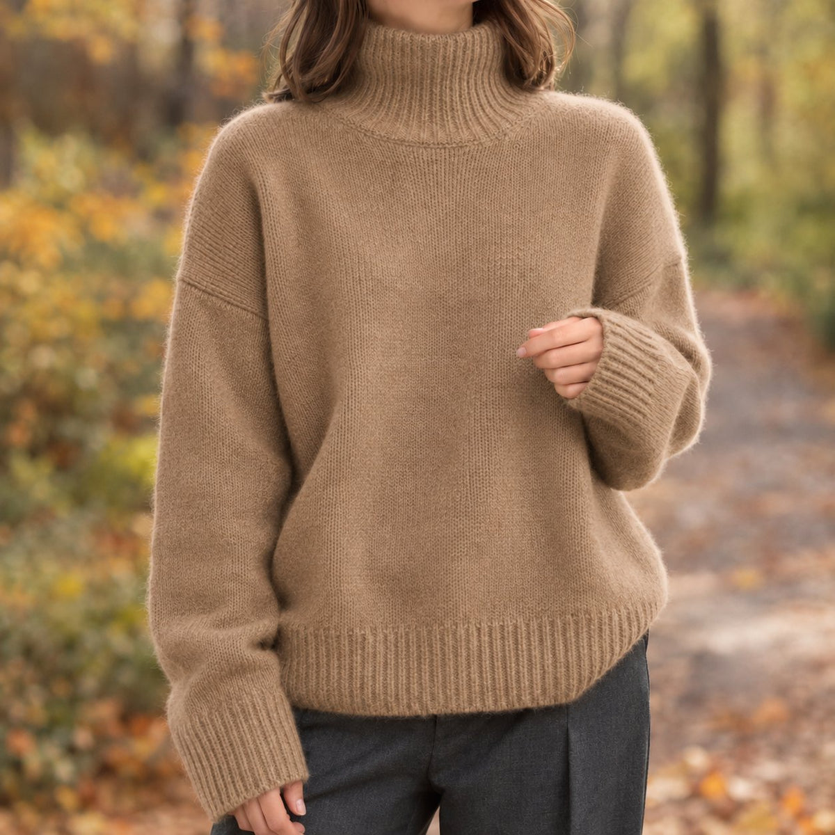 Women's Turtleneck Sweater | Dropped Shoulder Relaxed Knit Close Up