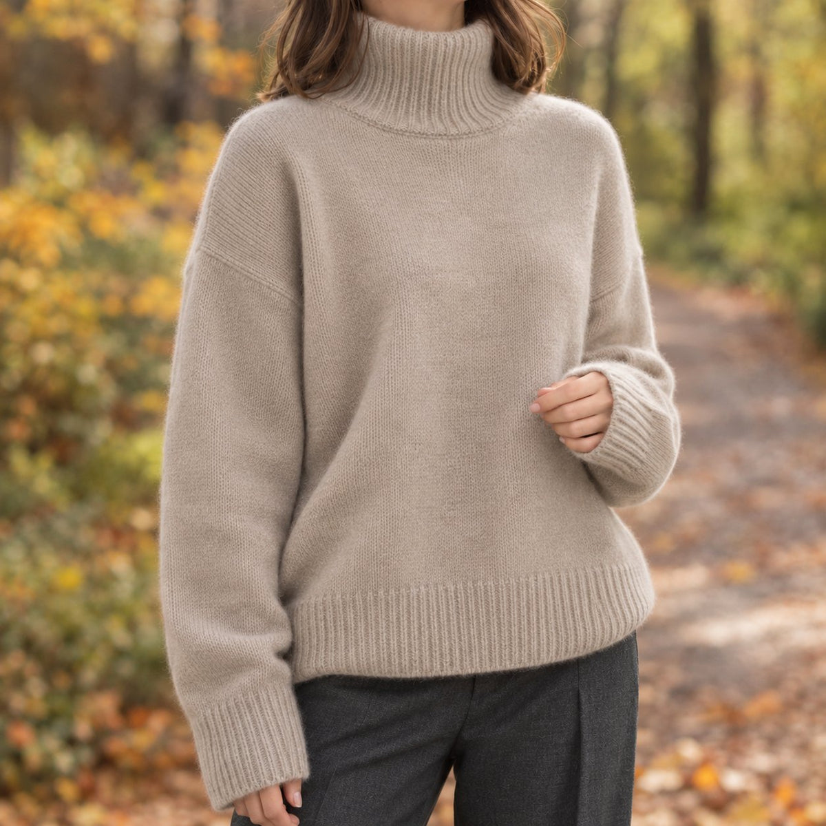 Women's Turtleneck Sweater | Dropped Shoulder Relaxed Knit Side