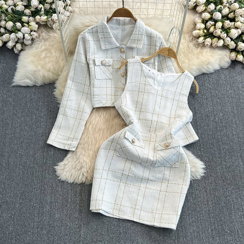 Women's Tweed 2 Piece Set | Cropped Blazer Sleeveless Dress Front