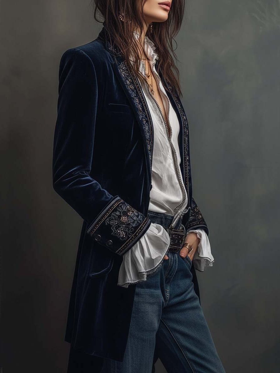 Women's Velvet Long Blazer | Embroidered Lapel Vintage Jacket Detail