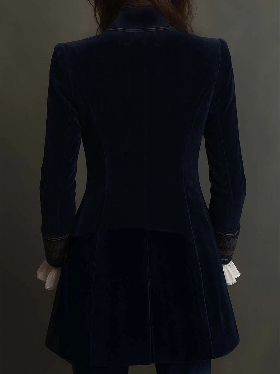 Women's Velvet Long Blazer | Embroidered Lapel Vintage Jacket Front