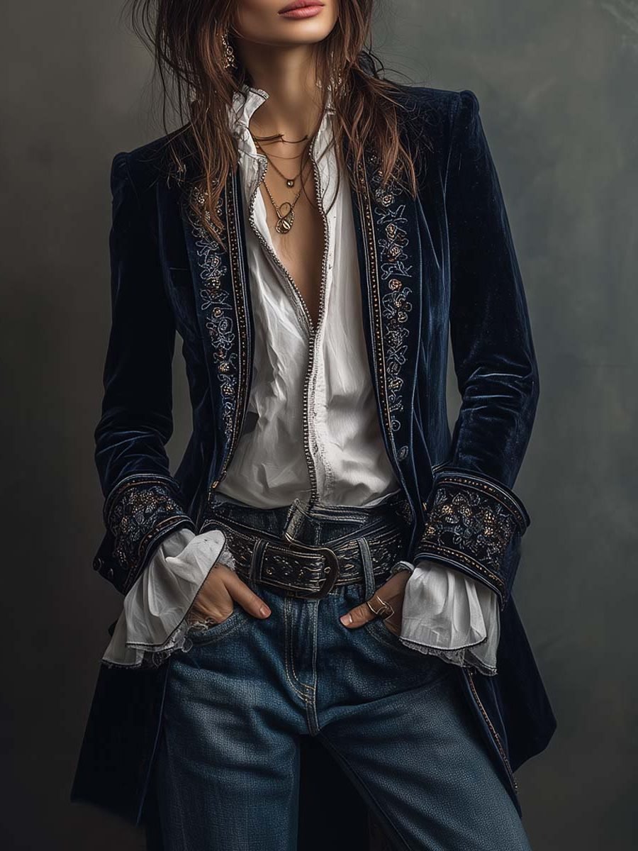 Women's Velvet Long Blazer | Embroidered Lapel Vintage Jacket Hero