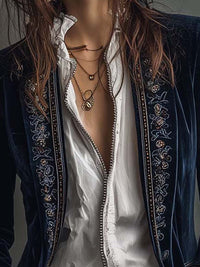 Women's Velvet Long Blazer | Embroidered Lapel Vintage Jacket Side