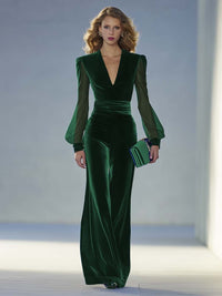 Women's Velvet Maxi Jumpsuit | V-Neck Long Sleeve Evening Detail