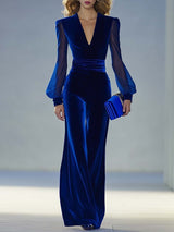 Women's Velvet Maxi Jumpsuit | V-Neck Long Sleeve Evening