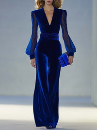 Women's Velvet Maxi Jumpsuit | V-Neck Long Sleeve Evening Hero