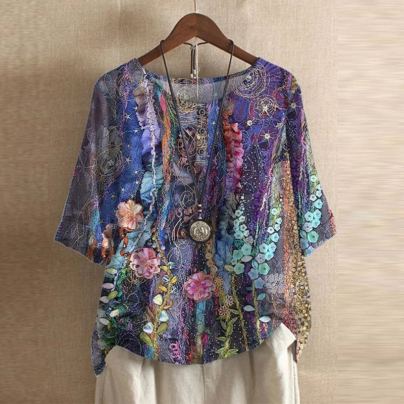 Women's Vintage Floral Blouse | Three-Quarter Sleeve Loose Fit Full