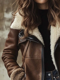 Women's Vintage Leather Coat | Faux Fur Collar Long Jacket Detail