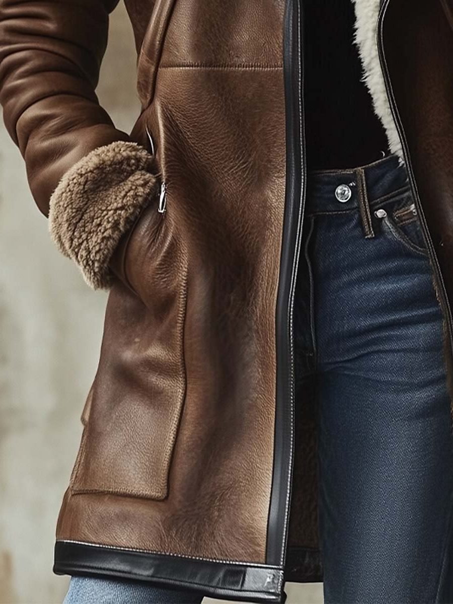 Women's Vintage Leather Coat | Faux Fur Collar Long Jacket Hero