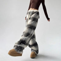 Women's Wide Leg Plaid Pants | Cotton Drawstring Relaxed Fit Front