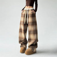Women's Wide Leg Plaid Pants | Cotton Drawstring Relaxed Fit Side