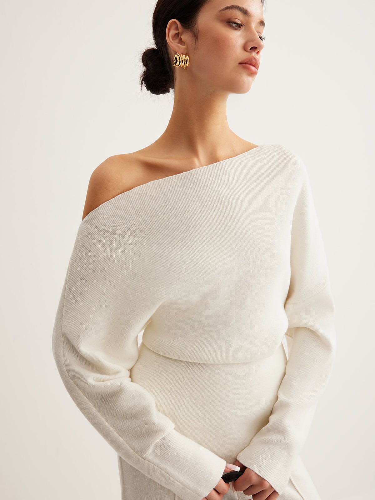 Women's Wool Asymmetrical Neck Knit Top | Cold Shoulder Front